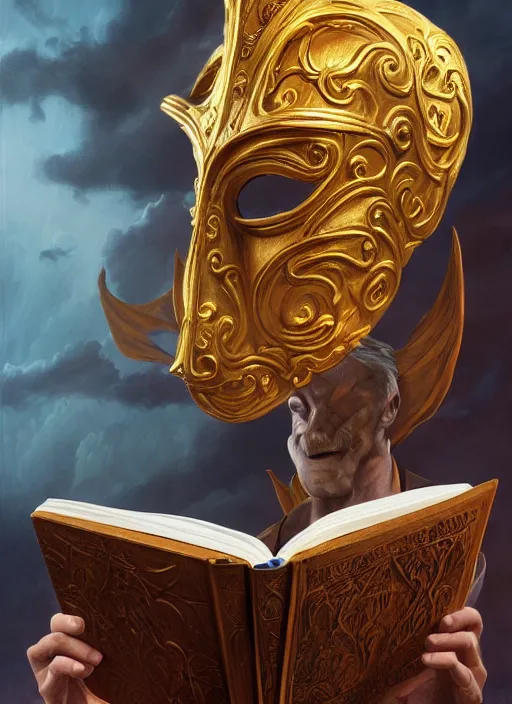 Prompt: Magic Floating Thespian Mask reading a book, bodyless, theater mask, mask only, Ivan Aivakovsky, Boris Vallejo, epic fantasy character art, D&D Concept Art, Realistic, Regal, Refined, extremely detailed, Detailed Digital Art, Oil Paining, Exquisite detail, post-processing, masterpiece, Cinematic Lighting, Unreal Engine, 8k, HD, Stanley Artgerm Lau, WLOP, Rossdraws, Frank Frazetta, Andrei Riabovitchev, Marc Simonetti, trending on artstation, flawless