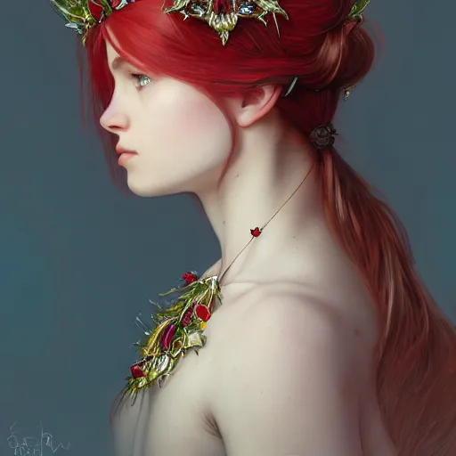 Prompt: portrait of very beautifull girl, thorn rose crown, thorn everywhere, headshot, necklace, pale skin, bright red hair, 4k, rule of thirds, extreme detail, detailed drawing, trending artstation, hd, fantasy, D&D, realistic lighting, by Alphonse Mucha, Greg Rutkowski, sharp focus, backlit, elegant