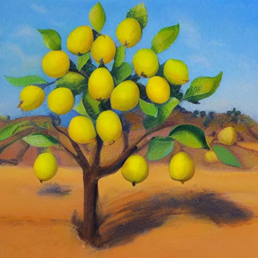 Image similar to Lemon tree growing on a desert, sunny day, oil painting