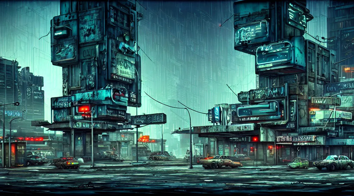 Image similar to post apocalyptic cyberpunk police station, building, avenue, urban architecture, americana architecture, concrete architecture, cloudy sky, paved roads, in the style of guido borelli, trending on artstation, photorealistic, wild vegetation, utopian, futuristic, blade runner, vivid colors scheme, neon signs, sharp, clear, focus