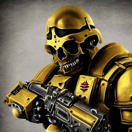 Image similar to a single human marine soldier full body with normal anatomy Warhammer 40k, wearing a small space marine skull helmet, wearing a full suit of symmetrical black space marine armor plating, golden skulls decorating armor, walking, holding arm up and aiming a bolt pistol, battlefield scene with smoke, seamless, grunge aesthetic