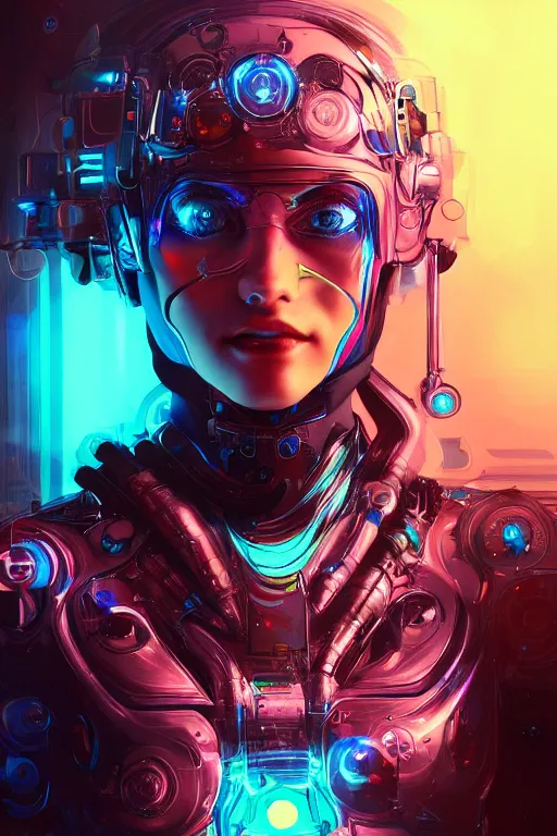 Image similar to portrait of a trippy cyborg girl with biotechnical parts and neon light by Artgerm and Gustave Doré , digital painting, highly detailed, trending on artstation
