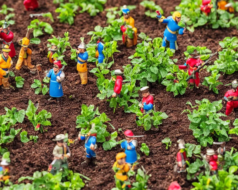 Image similar to close-up, hi-res photo of miniature tin soldiers standing amidst a colorful vegetable garden.