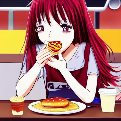 Prompt: a girl eating a hamburger in a fast food restaurant, red hair, anime art, detailed, hd, smooth