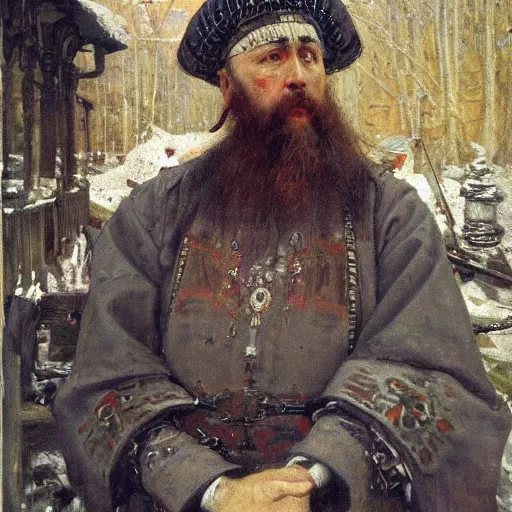 Prompt: portrait of Ivan the Terrible listening smartphone masterpiece painting by vasnetsov and surikov, JEAN-VICTOR BERTIN, by Terence Cuneo, detailed, artfully traced, 4k resolution, cinematic, dramatic