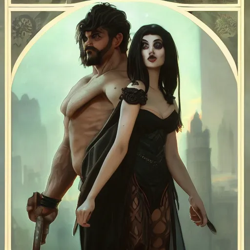 Image similar to a tall goth girl and a strong buff handsome man, family photo, cute, intricate, highly detailed, digital painting, artstation, concept art, smooth, sharp focus, illustration, unreal engine 5, 8 k, art by artgerm and greg rutkowski and alphonse mucha