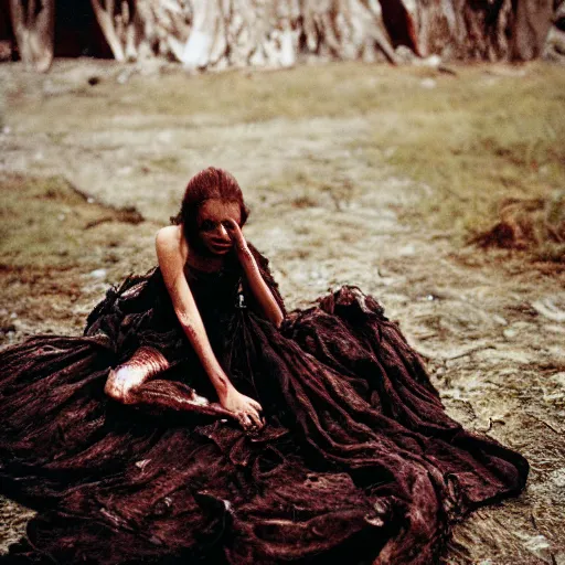 Image similar to beautiful human princess in burned clothes rests after slaying an enormous dragon, highly detailed, 16mm, color film photography