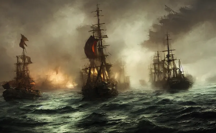 Image similar to Epic naval battle, elegant, volumetric lighting, digital painting, highly detailed, artstation, sharp focus, illustration, concept art, ruan jia, steve mccurry