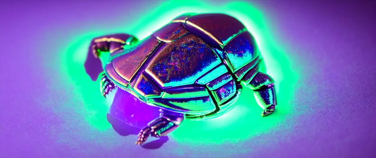 Image similar to high quality photo glowy iridescent cyborg scarab! jeweled very pretty! highly detailed digital art david ligare elson peter cinematic purple neon lighting high quality low angle hd 8k sharp shallow depth of field