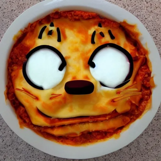 Prompt: garfield's face on lasagna