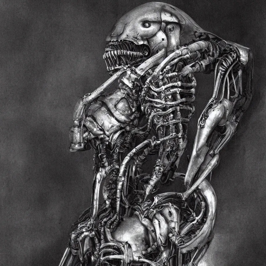 Prompt: Matte painting of a biomechanical alien exoskeleton. dark backdrop, 50mm, H.R Giger