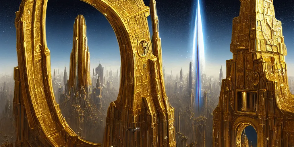 Prompt: a monumental golden reflective portal is the centerpiece of an ancient space elevator that is surrounded by diamonds, there are archways, buttresses, and monuments, matte oil painting, science fantasy, retrofuturism, sharp focus, extremely detailed, 4 k