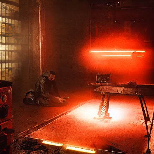 Image similar to augmented human repairing old imac, dark messy smoke - filled cluttered workshop, dark, dramatic lighting, orange tint, cinematic, highly detailed, sci - fi, futuristic, movie still from blade runner