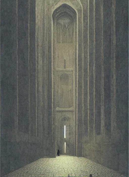 Image similar to crumbled paper bag paper cathedral inside paper bag crumbled Edward Hopper and James Gilleard, Zdzislaw Beksinski, highly detailed