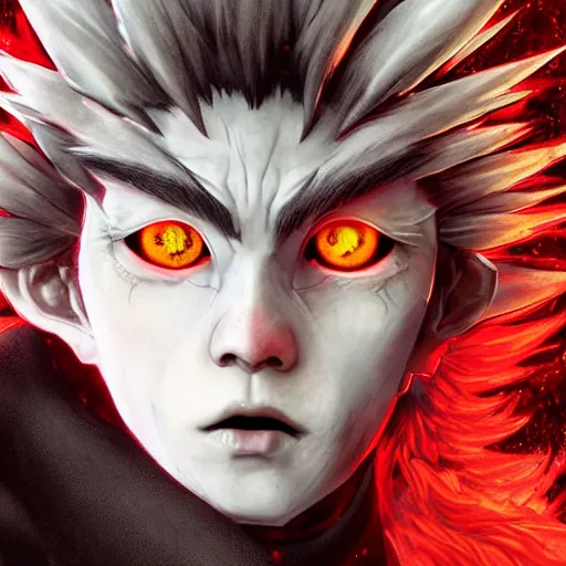 Image similar to demon boy, yound adult yokai boy with wild spiky hair, vantablack cloak, red eyes, ultra realistic, concept art, intricate details, eerie, highly detailed, photorealistic, octane render, 8 k, unreal engine. art by artgerm and greg rutkowski and charlie bowater and magali villeneuve and alphonse mucha