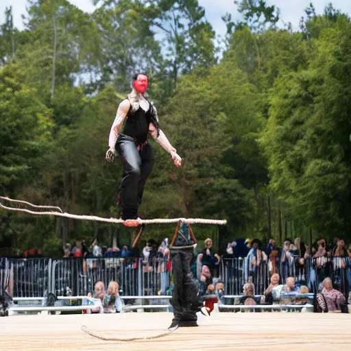 Prompt: hd photograph of a vampire walking on balance rope, stunt show