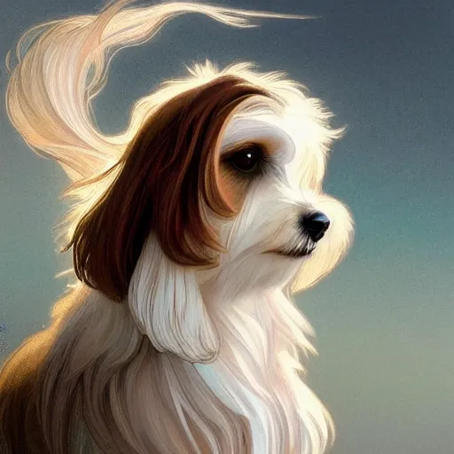 Prompt: beautiful detailed picture of a havanese with white and brown hair, radiant light, art nouveau, intricate, elegant, highly detailed, my rendition, digital painting, artstation, concept art, smooth, sharp focus, illustration, art by artgerm and greg rutkowski and alphonse mucha