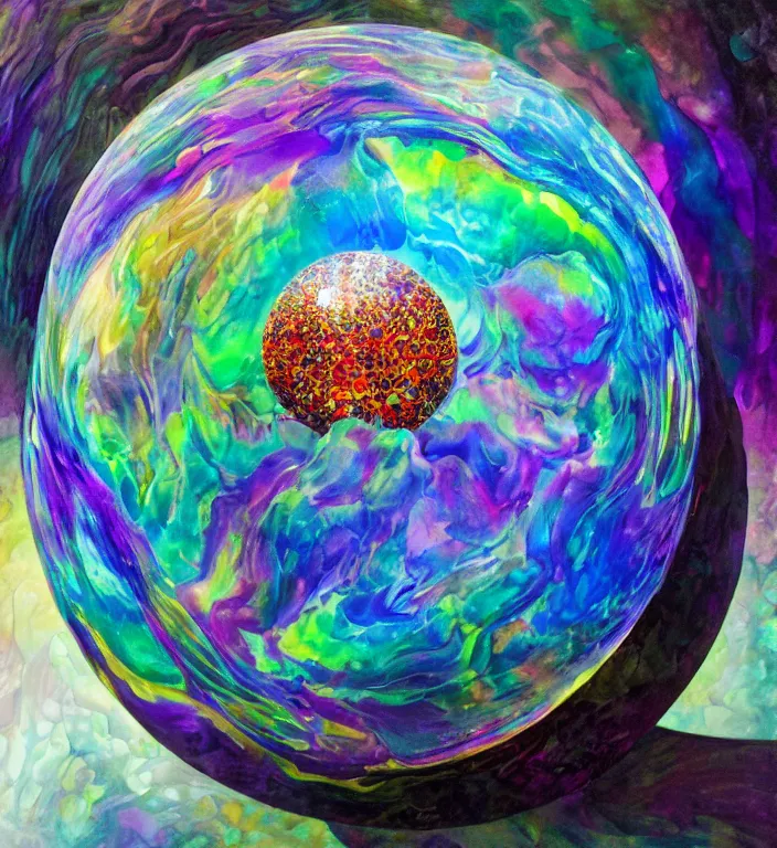 Image similar to an acrylic pour illustration of an intricate and faceted crystal ball with a world inside of it + impasto + dissolving in to light + prism + god rays + dramatic lightning + backlit + specular + caustics