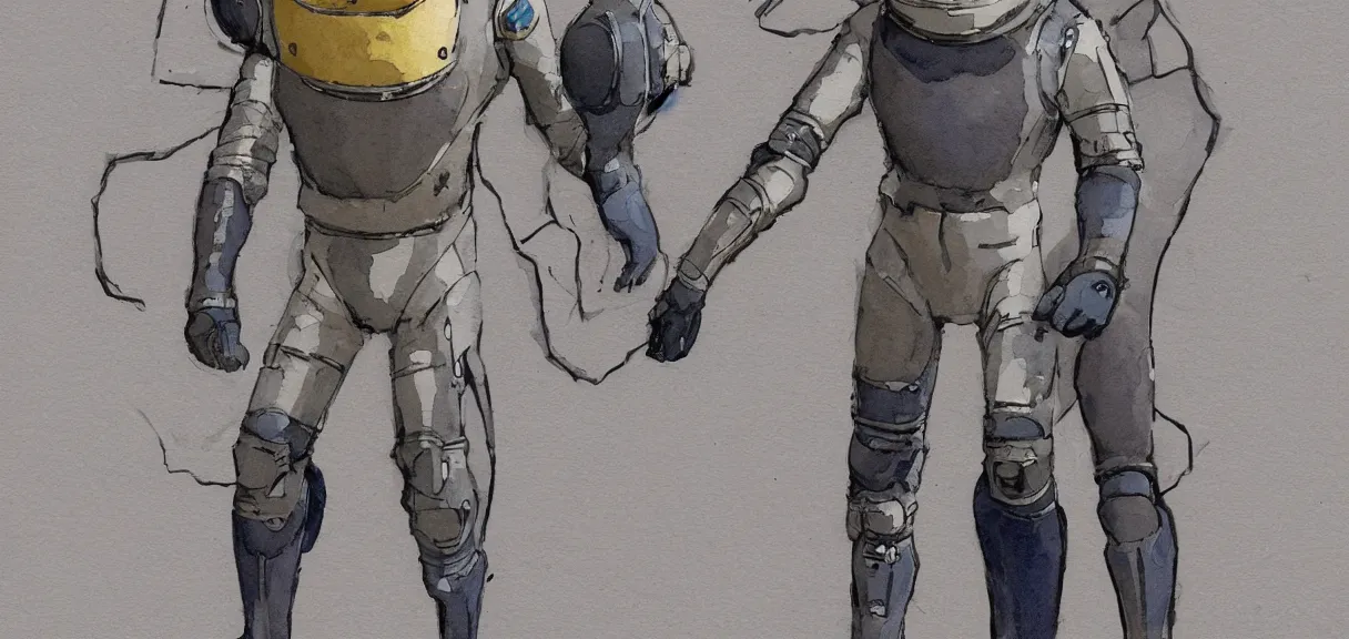 Image similar to male, full body, space suit with a modern helmet, large shoulders, short torso, long thin legs, tiny feet, watercolor wash, character sheet, science fiction, very stylized character design, digital painting, by mike mignola, by alex maleev, jean giraud