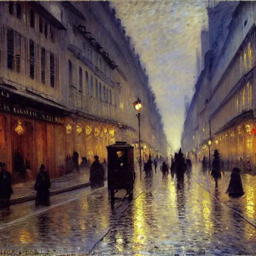 Prompt: Parisian street at night, 1880, Renoir, Jean Béraud, Gustave Caillebotte, Delaroche, Luigi Loir, Edouard Leon Cortes, moody, foggy, victorian buildings, people walking by, melancholic, busy