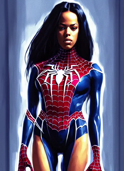 Prompt: full body portrait of marvel cinematic universe aaliyah haughton, she venom, spider man, elegant, webs, super hero, spider web background, highly detailed!! digital painting, artstation, glamor pose, concept art, sharp focus, illustration, art by artgerm and greg rutkowski, artey freytag