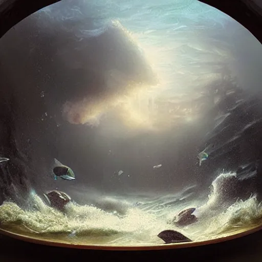 Image similar to an aquarium on a table, containing a dark stormy sea inside the aquarium, large dark waves, miniature, dramatic, fantasy concept art, digital painting, oil painting, hyperrealistic, highly detailed, by greg rutkowski