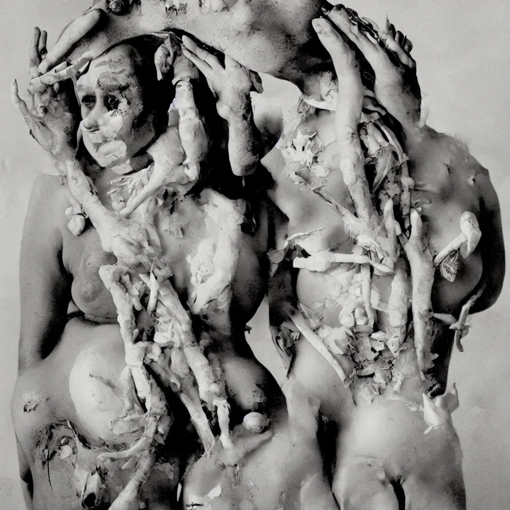 Image similar to a woman with hands in her belly and nails on her head, a lump on her back and tumors on her skin, open thorax with bones, half cut, in the style of joel peter witkin, robert doisneau