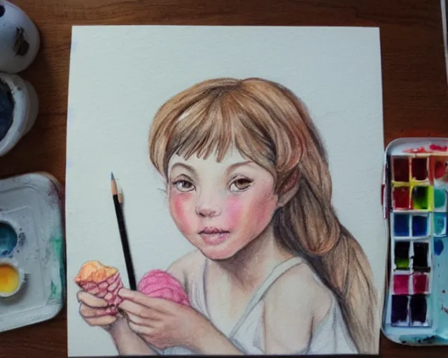 Prompt: a little girl with the ice cream watercolor colored pencil painting trending on artstation