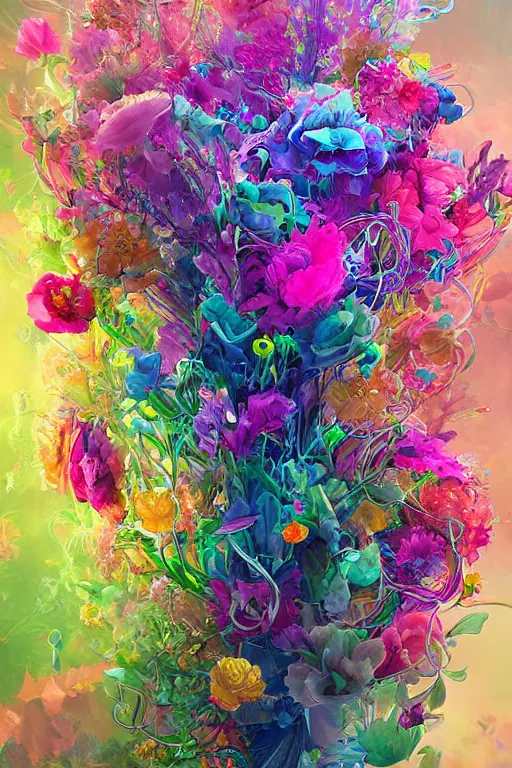 Prompt: a bouquet of ethereal big colorful transparent entangled flowers, direct sunlight, glowing, vivid, detailed painting, Houdini algorhitmic pattern, by Ross Tran, WLOP, artgerm and James Jean, masterpiece, award winning painting