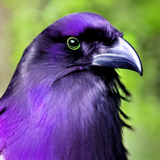 Prompt: up close photo of a raven judging you. iridescent feathers. purple iridescence.