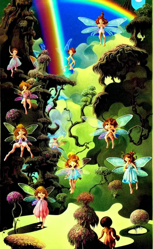 Image similar to small fairies, enchanted forest, small animals, stars in the sky, rainbows, hallucination, psychotropic psychedelic, wide angle shot, white background, vector art, illustration by frank frazetta by salvador dali