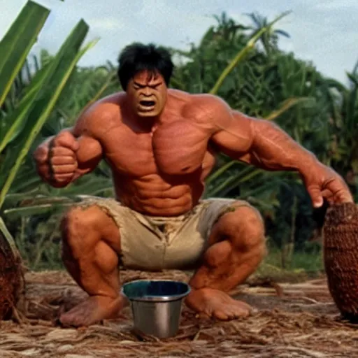 Prompt: a film still of hulk drinking coconut water