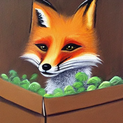 Image similar to a fox hiding inside a box, painting