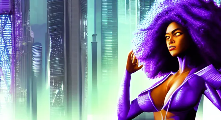 Image similar to cyberpunk black woman with afro hair, rio de janeiro!! on the background, blue and purple digital art trending on artstation, atmospheric lighting, artgerm