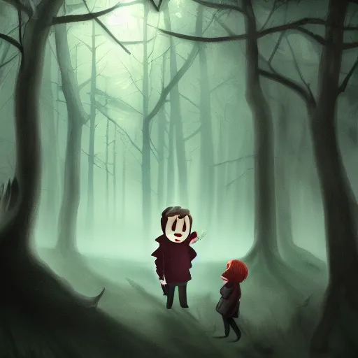 Image similar to a macabre phantom talking with a kid in the middle of a dark forest, trending on artstation, realistic, obscure, dramatic scene