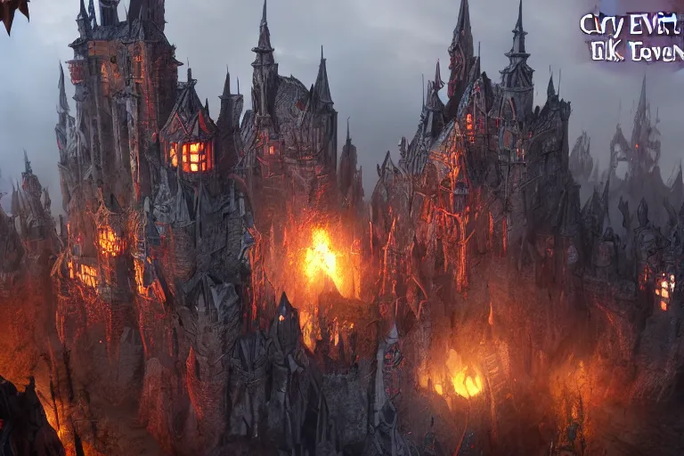 Image similar to big evil castle - city rock dark shadow elves, might and magic heroes vii, dark fantasy, shadows, artstation trending, unreal engine 5, red