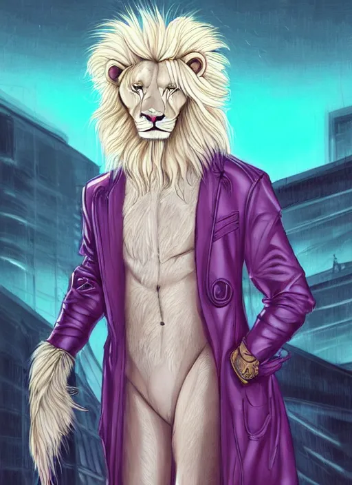 Image similar to aesthetic portrait commission of a of a male fully furry muscular anthro albino lion with a tail and a beautiful attractive hyperdetailed face wearing stylish and creative mint outfit made out of silk in a sci - fi dystopian city at golden hour while it storms in the background. character design by dittmann, anna, detailed, inked, western comic book art, award winning film poster painting