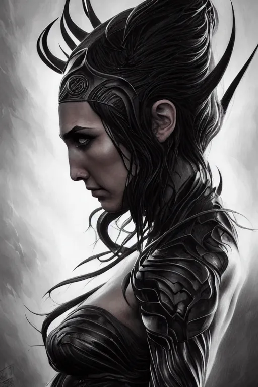 Image similar to very very beautiful longshot photo of chthonic Gal Gadot with demonic eyes and black veins, intricate, elegant, highly detailed, artstation, concept art, smooth, sharp focus, illustration, art by artgerm, Ayami Kojima, Beksinski, Giger