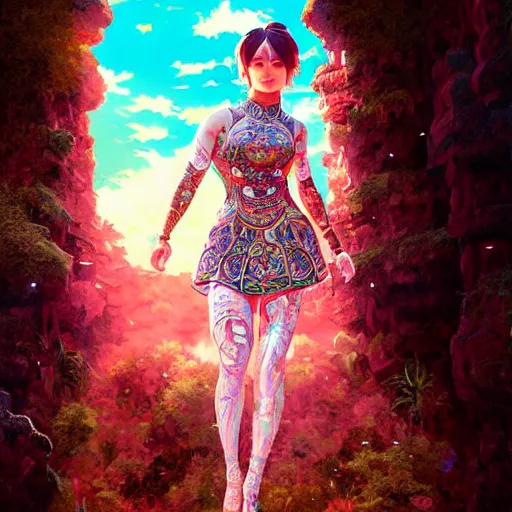 Image similar to feminine dwayne johnson in intricate clothing by ross tran, walking in a castle painted by sana takeda, rtx reflections, very high intricate details, digital anime art, medium shot, mid - shot, composition by ilya kuvshinov, lighting by greg rutkowski