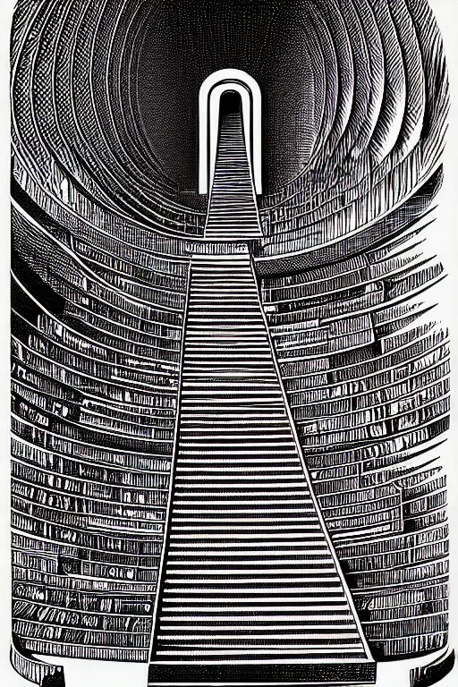 Prompt: spiraling tunnel of bookshelves, art by james o barr and albrecht durer, surreal woodcut engraving, black and white, vector, vector art