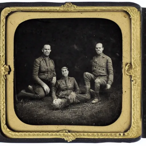 Image similar to tintype, wide angle view, scientists and soldiers show captured alien specimen