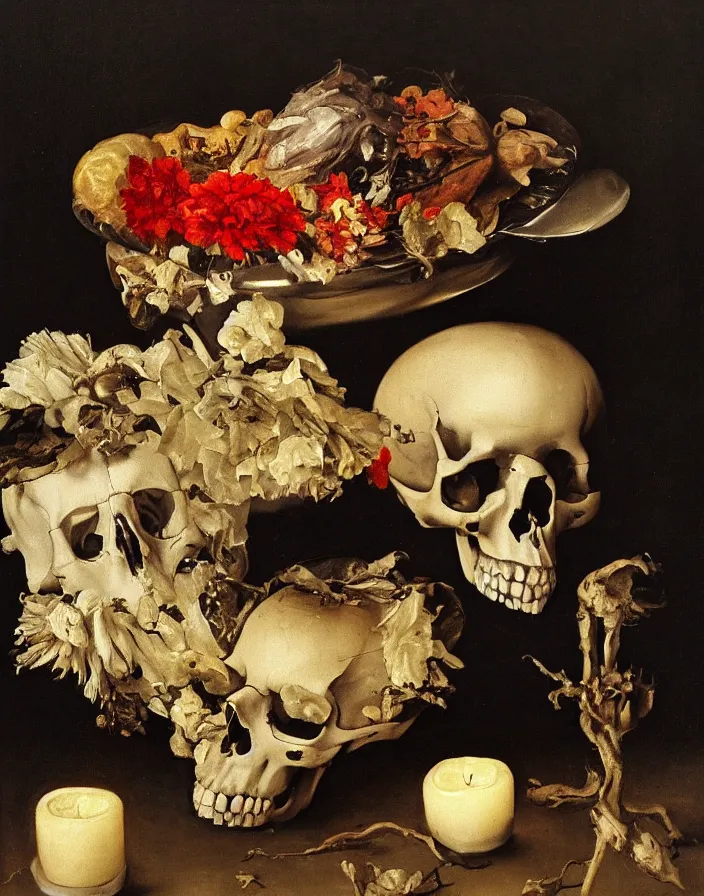 Image similar to beautiful still life oil painting with one skull on a silver platter surrounded by dead flowers and rotten fruit, light from one candle by Diego Velázquez and francisco goya, anatomical, realistic, wet, slimy