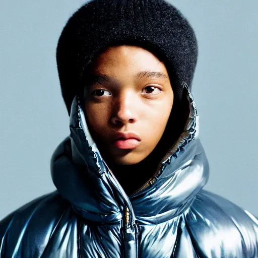 Image similar to realistic! photoshoot for a new balenciaga lookbook, color film photography, portrait of a beautiful woman wearing a puffer jacket, photo in style of tyler mitchell, 35mm