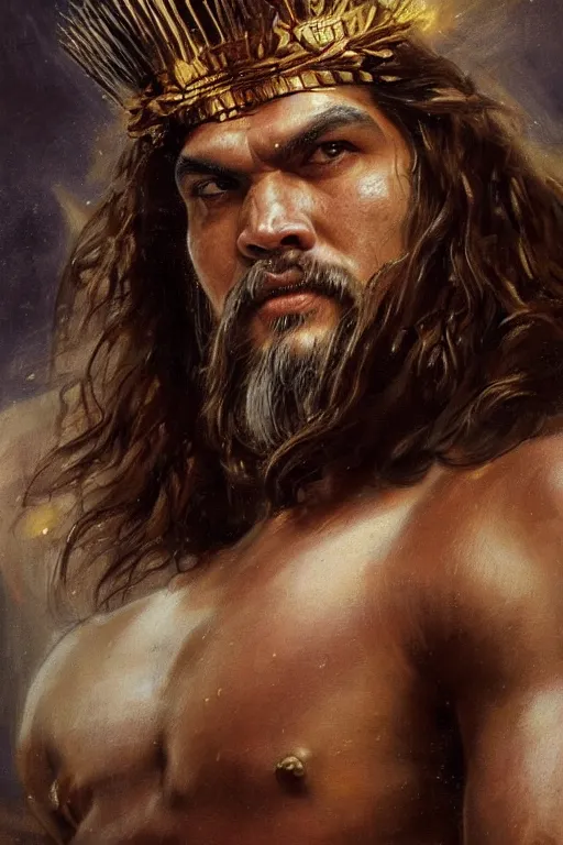 Prompt: beautiful closeup portrait oil painting, jason momoa conan the barbarian wearing a golden wreath crown in royal crimson spartan armor enthroned as the god emperor of ancient rome, mid - shot, by anders zorn, wonderful masterpiece by greg rutkowski, beautiful cinematic light, american romanticism, by thomas lawrence, greg rutkowski