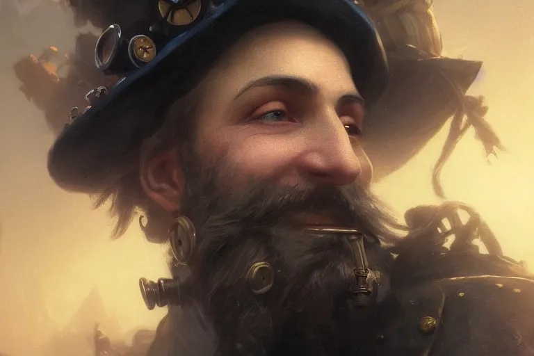 Prompt: Steampunk Rogue, portrait, smiling, Beard, painting by Ivan Aivazovsky and Greg Rutkowski, artstation, fantasy, intricate, beautiful, cinematic, octane render, arnold render, 8k, hyper realism, detailed, sharp focus, 4k uhd, masterpiece, award winning