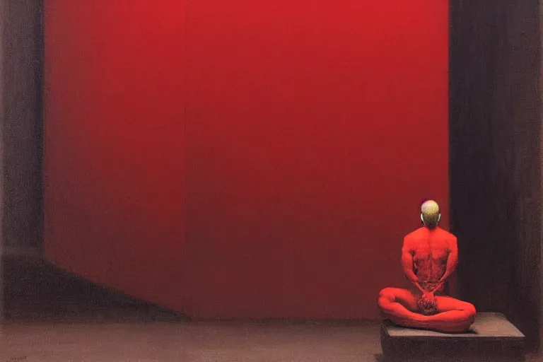 Image similar to only with red, a red samurai do seppuku, tokio, a lot of frogs watch, in the style of beksinski, parts by edward hopper, parts by rodcenko, parts by yue minjun, intricate and epic composition, red by caravaggio, insanely quality, highly detailed, masterpiece, red light, artstation, 4 k