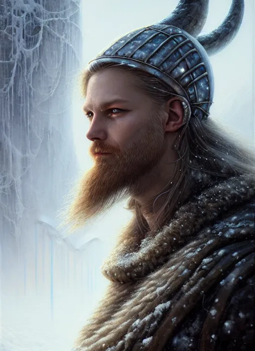 Image similar to closeup portrait shot of a snow viking in a scenic dystopian environment, intricate, elegant, highly detailed, centered, digital painting, artstation, concept art, smooth, sharp focus, illustration, artgerm, tomasz alen kopera, peter mohrbacher, donato giancola, joseph christian leyendecker, wlop, boris vallejo