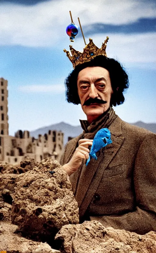 Prompt: salvador dali wearing a great crown with blue jewels and a scepter in a dry rocky desert landscape, visible sky and sunny atmosphere, alien city ruins in the background, film still from the movie by alejandro jodorowsky with cinematogrophy of christopher doyle and art direction by hans giger, anamorphic lens, kodakchrome, very detailed photo, 8 k