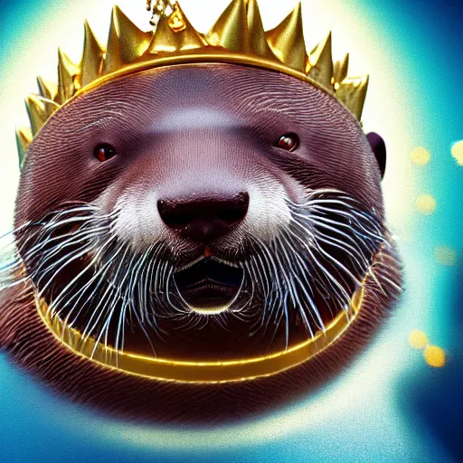 Image similar to river otter wearing crown surrounded by gold, expression, photo realistic, dramatic cinematic lighting, octane render, 4k, ultra detailed