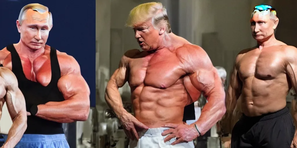 Prompt: trump, putin, muscular, oiled